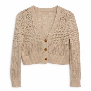 Anthropologie Cropped Open-Knit Cardigan Sweater Cream Beige Button Front Size L